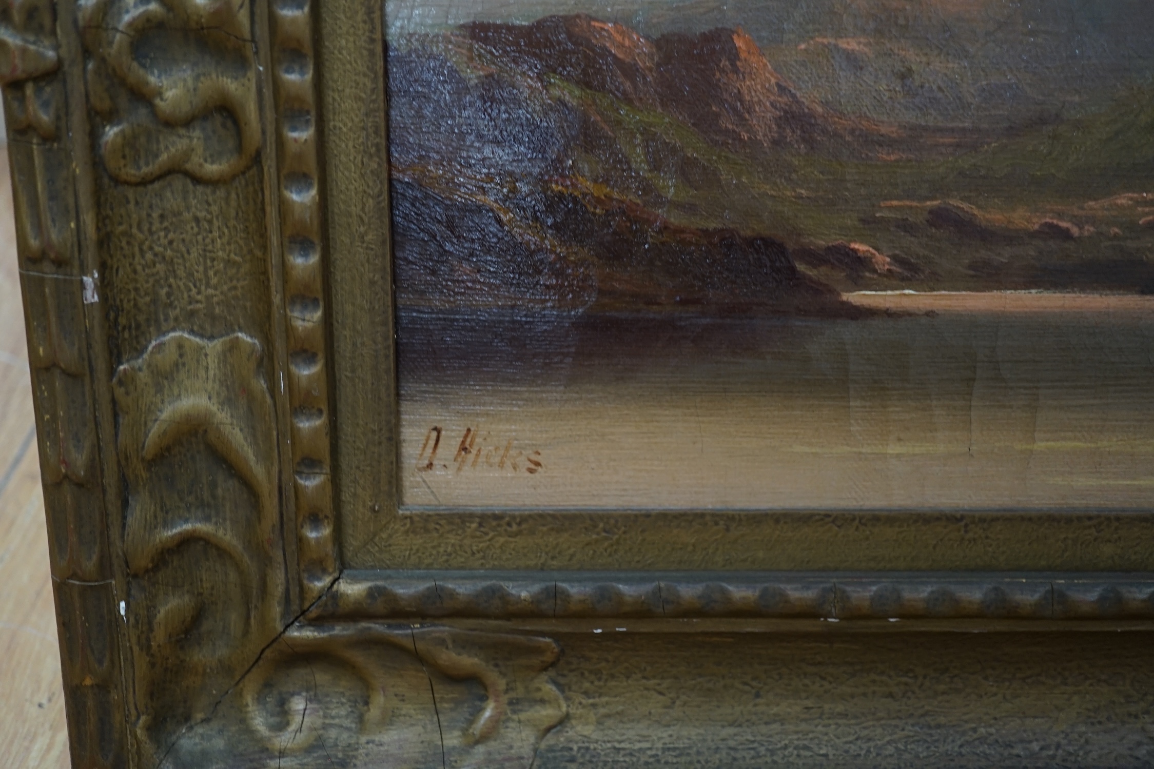 19th century, two oils on canvas, Scottish landscapes with highland cattle, one by David Hicks (19th century), signed, largest 24 x 44cm. Condition - poor to fair